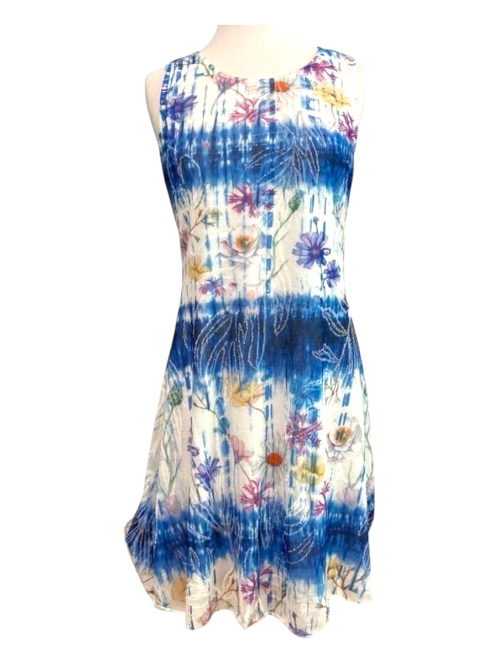 Alison Sheri  dress sleeveless white floral prints blue tie dye round medium